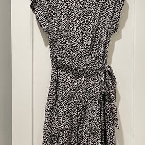 Rebecca Taylor Silk Leopard Print Ruffle Dress in dark Navy Blue